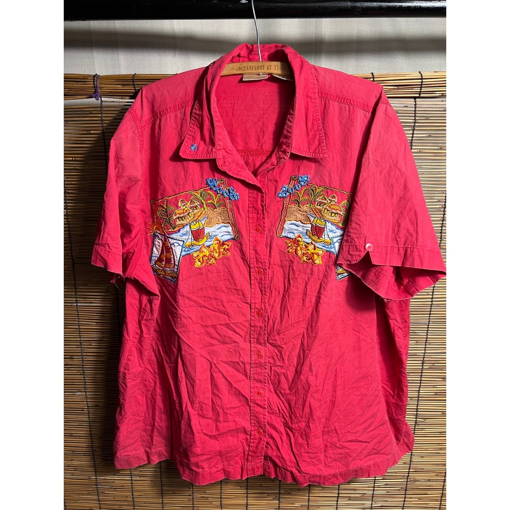 Bobbie Brooks Vintage Pink Red Tropical Embroidered Button Down Shir 22W 24W C13